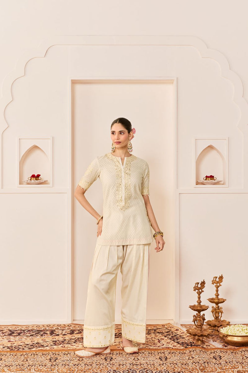 ANAISHA -DAISY IVORY SHORT KURTA WITH FARSHI SALWAR chanderi silk kurta/kurta set by SHEETAL BATRA in daisy ivory with carnation pink for women in Singapore