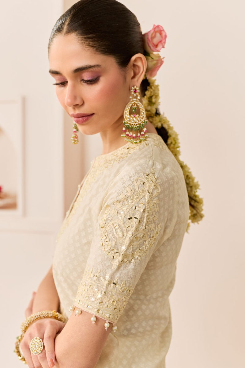 ANAISHA -DAISY IVORY SHORT KURTA WITH FARSHI SALWAR chanderi silk kurta/kurta set by SHEETAL BATRA in daisy ivory with carnation pink for women in Singapore