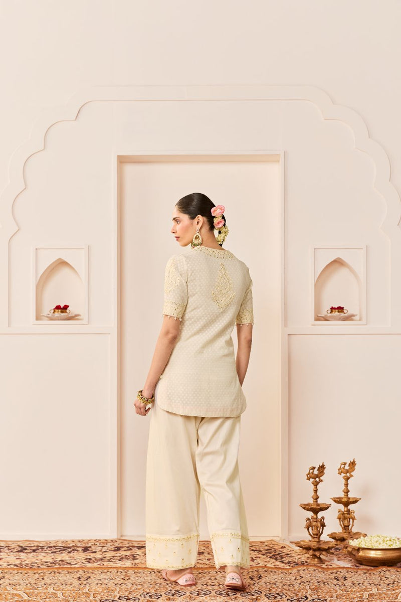 ANAISHA -DAISY IVORY SHORT KURTA WITH FARSHI SALWAR chanderi silk kurta/kurta set by SHEETAL BATRA in daisy ivory with carnation pink for women in Singapore
