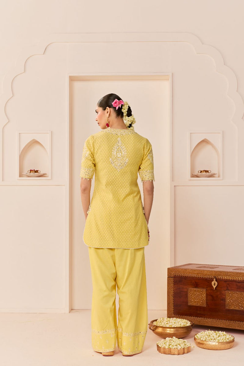 ANAISHA - LEMON YELLOW SHORT KURTA WITH FARSHI SALWAR chanderi silk kurta/kurta set by SHEETAL BATRA in lemon yellow with mint green for women in Singapore