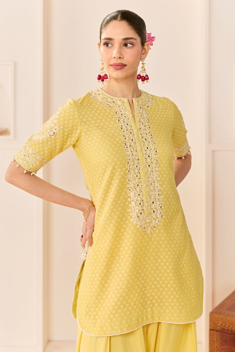 ANAISHA - LEMON YELLOW SHORT KURTA WITH FARSHI SALWAR chanderi silk kurta/kurta set by SHEETAL BATRA in lemon yellow with mint green for women in Singapore