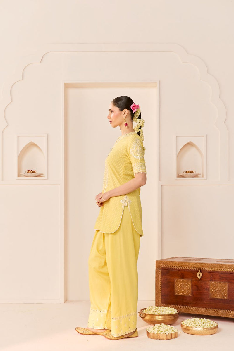 ANAISHA - LEMON YELLOW SHORT KURTA WITH FARSHI SALWAR chanderi silk kurta/kurta set by SHEETAL BATRA in lemon yellow with mint green for women in Singapore