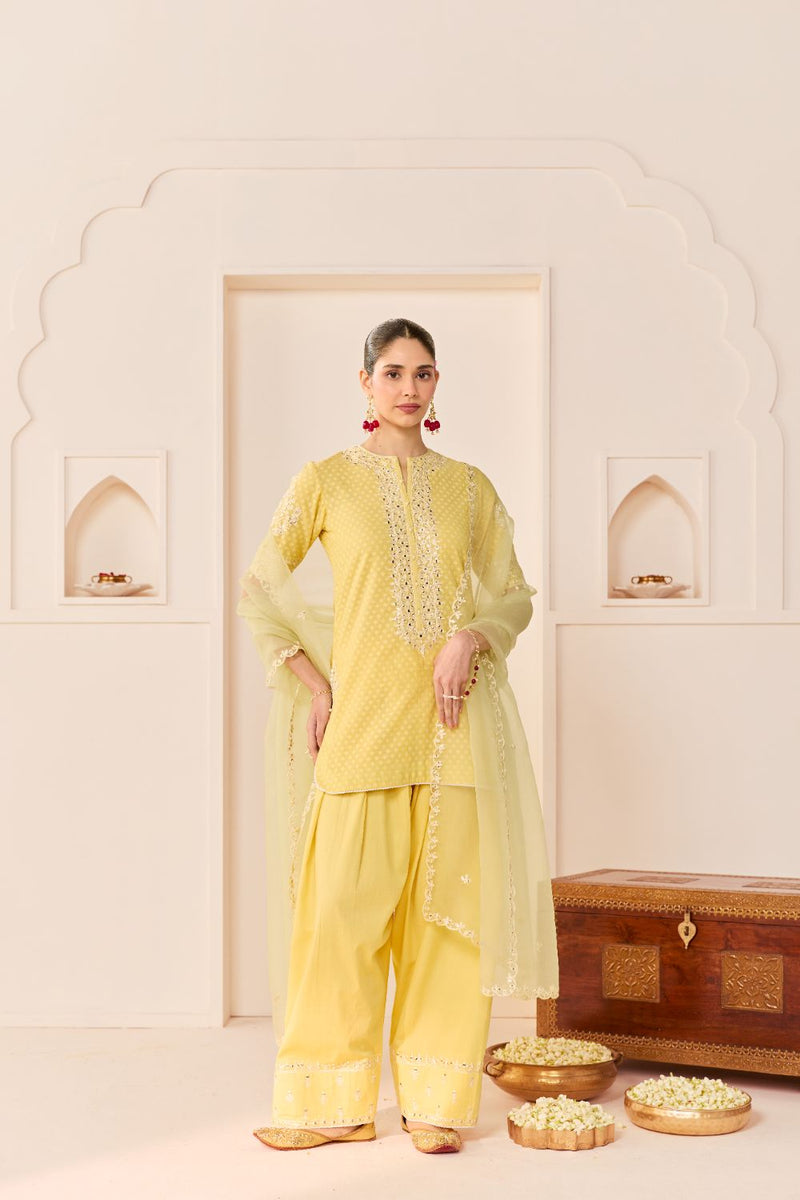 ANAISHA - LEMON YELLOW SHORT KURTA WITH FARSHI SALWAR chanderi silk kurta/kurta set by SHEETAL BATRA in lemon yellow with mint green for women in Singapore