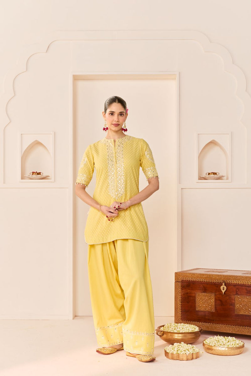 ANAISHA - LEMON YELLOW SHORT KURTA WITH FARSHI SALWAR chanderi silk kurta/kurta set by SHEETAL BATRA in lemon yellow with mint green for women in Singapore