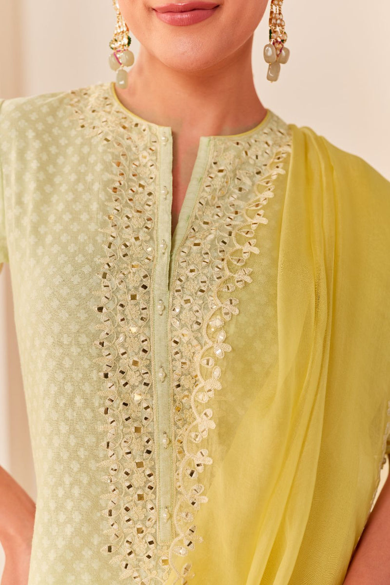 ANAISHA - MINT GREEN SHORT KURTA WITH FARSHI SALWAR chanderi silk kurta/kurta set by SHEETAL BATRA in mint green with lemon yellow for women in Singapore