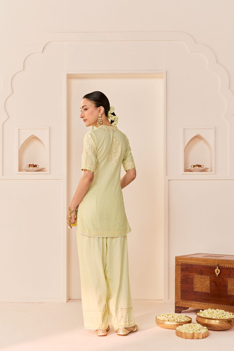 ANAISHA - MINT GREEN SHORT KURTA WITH FARSHI SALWAR chanderi silk kurta/kurta set by SHEETAL BATRA in mint green with lemon yellow for women in Singapore
