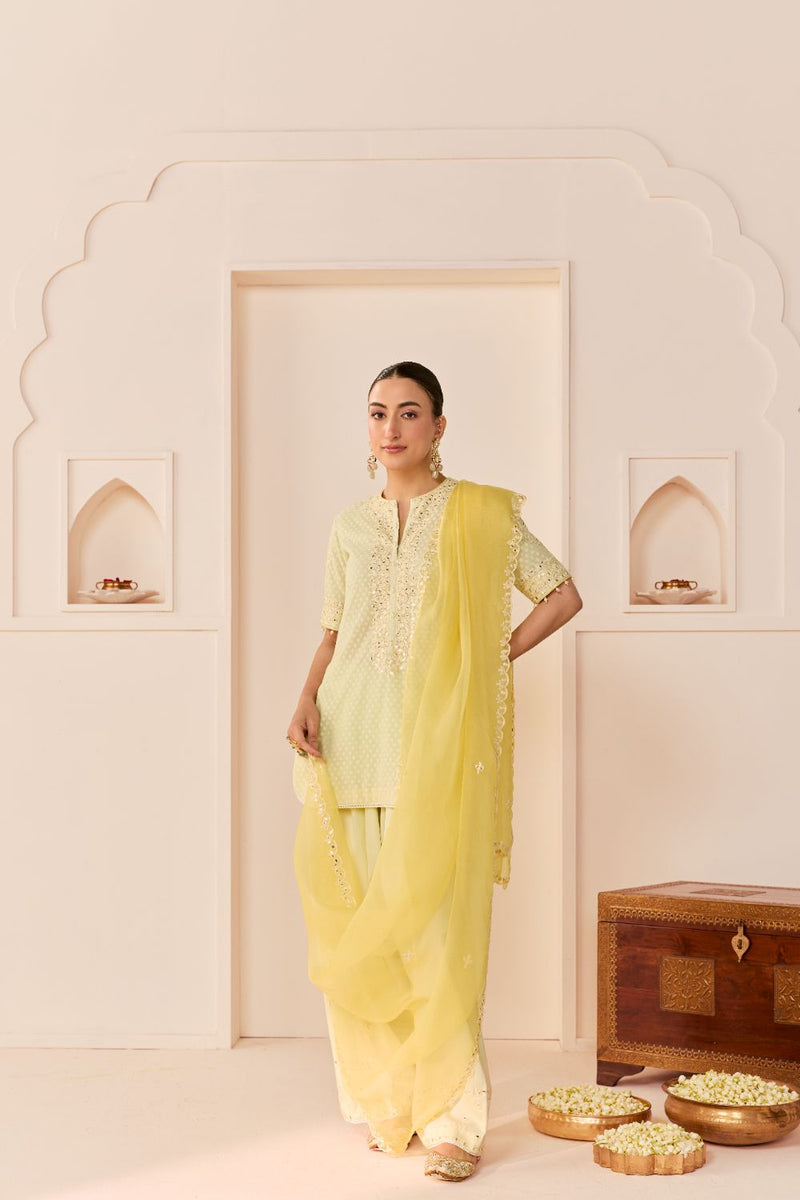 ANAISHA - MINT GREEN SHORT KURTA WITH FARSHI SALWAR chanderi silk kurta/kurta set by SHEETAL BATRA in mint green with lemon yellow for women in Singapore