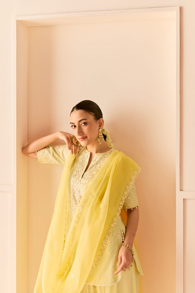 ANAISHA - MINT GREEN SHORT KURTA WITH FARSHI SALWAR chanderi silk kurta/kurta set by SHEETAL BATRA in mint green with lemon yellow for women in Singapore