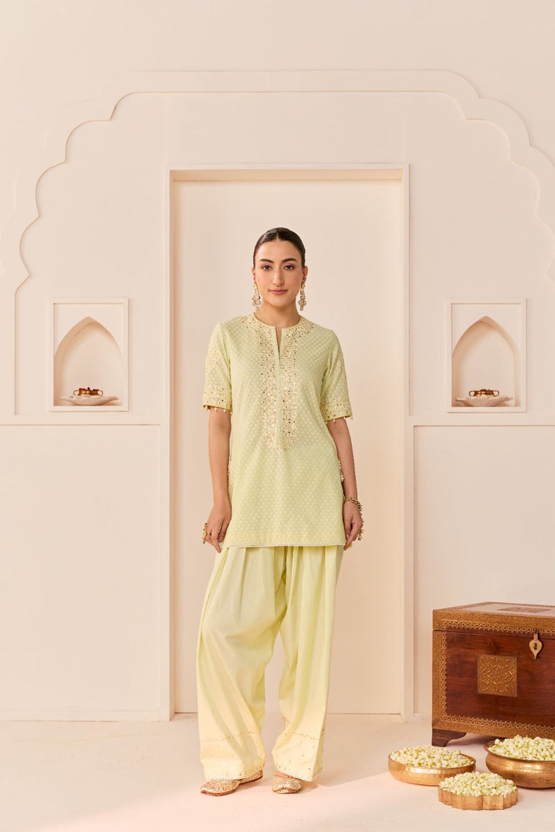 ANAISHA - MINT GREEN SHORT KURTA WITH FARSHI SALWAR chanderi silk kurta/kurta set by SHEETAL BATRA in mint green with lemon yellow for women in Singapore