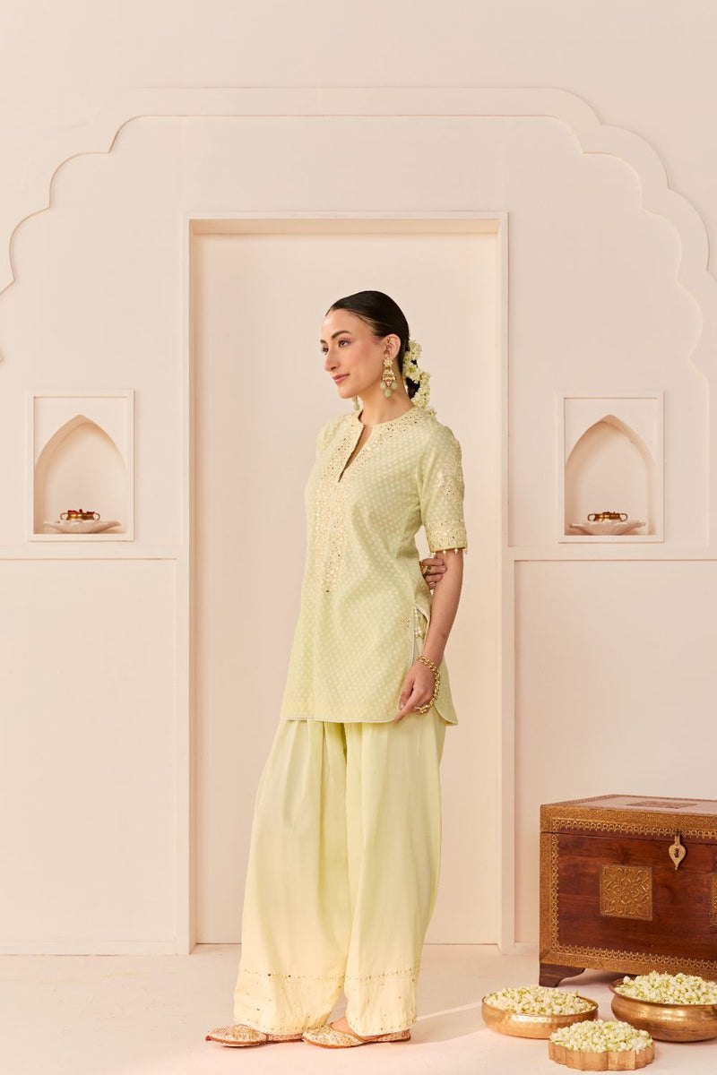 ANAISHA - MINT GREEN SHORT KURTA WITH FARSHI SALWAR chanderi silk kurta/kurta set by SHEETAL BATRA in mint green with lemon yellow for women in Singapore