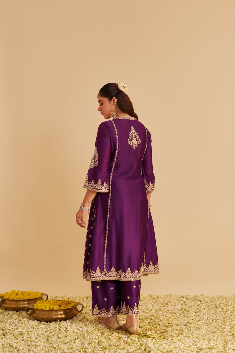 Anaiza - Dabka Zardozi Embroidered Purple Long Kurta & Palazzo with Dupatta silk by SHEETAL BATRA in purple color for women in Singapore