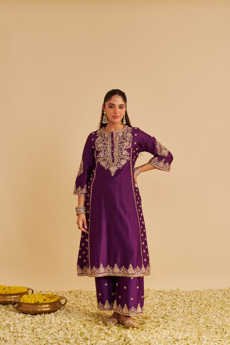 Anaiza - Dabka Zardozi Embroidered Purple Long Kurta & Palazzo with Dupatta silk by SHEETAL BATRA in purple color for women in Singapore
