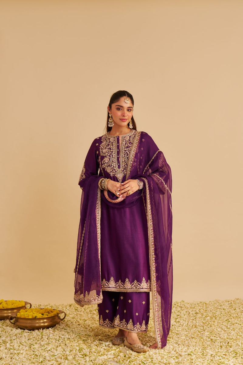Anaiza - Dabka Zardozi Embroidered Purple Long Kurta & Palazzo with Dupatta silk by SHEETAL BATRA in purple color for women in Singapore