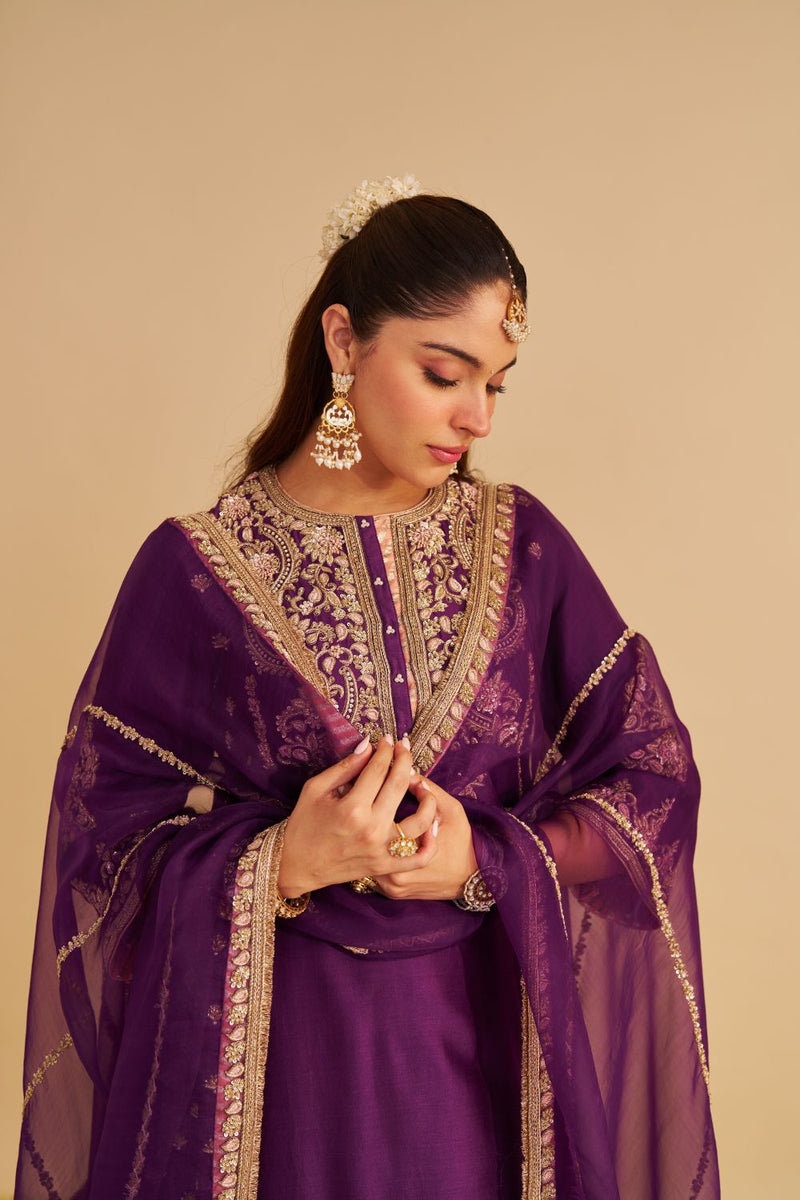 Anaiza - Dabka Zardozi Embroidered Purple Long Kurta & Palazzo with Dupatta silk by SHEETAL BATRA in purple color for women in Singapore
