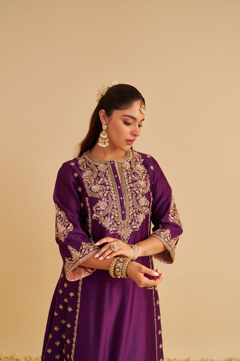 Anaiza - Dabka Zardozi Embroidered Purple Long Kurta & Palazzo with Dupatta silk by SHEETAL BATRA in purple color for women in Singapore