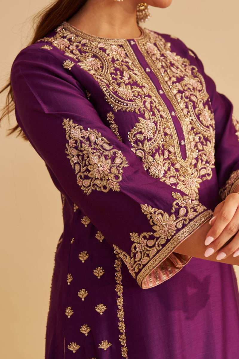 Anaiza - Dabka Zardozi Embroidered Purple Long Kurta & Palazzo with Dupatta silk by SHEETAL BATRA in purple color for women in Singapore