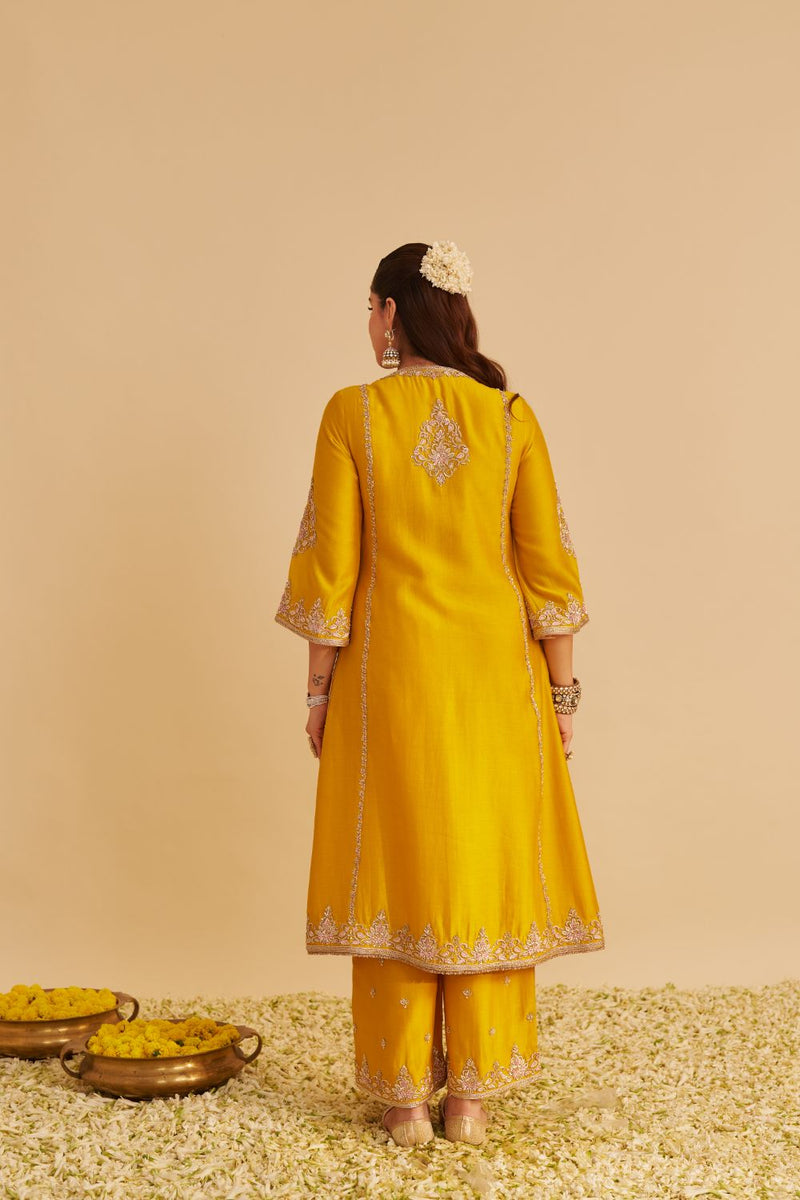 Anaiza - Dabka Zardozi Embroidered Mustard Long Kurta & Palazzo with Dupatta silk by SHEETAL BATRA in mustard color for women in Singapore