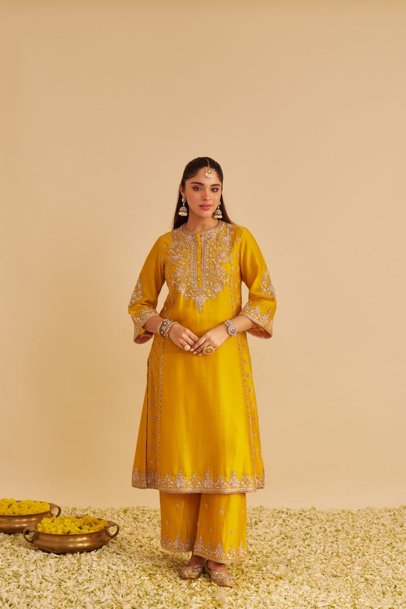 Anaiza - Dabka Zardozi Embroidered Mustard Long Kurta & Palazzo with Dupatta silk by SHEETAL BATRA in mustard color for women in Singapore