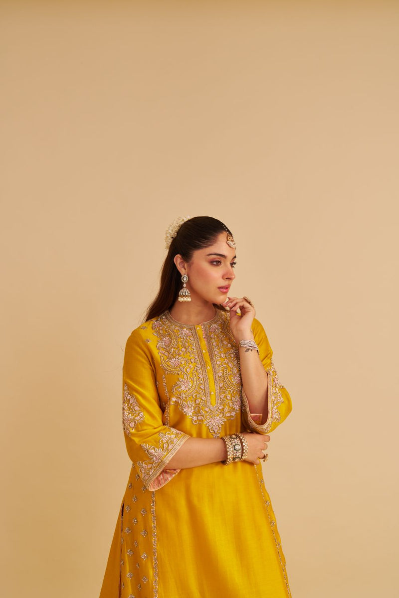 Anaiza - Dabka Zardozi Embroidered Mustard Long Kurta & Palazzo with Dupatta silk by SHEETAL BATRA in mustard color for women in Singapore