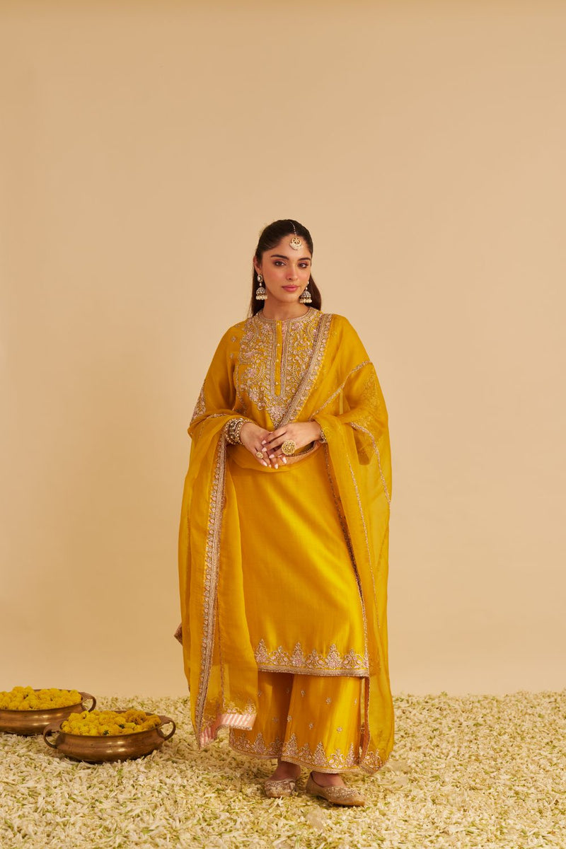 Anaiza - Dabka Zardozi Embroidered Mustard Long Kurta & Palazzo with Dupatta silk by SHEETAL BATRA in mustard color for women in Singapore