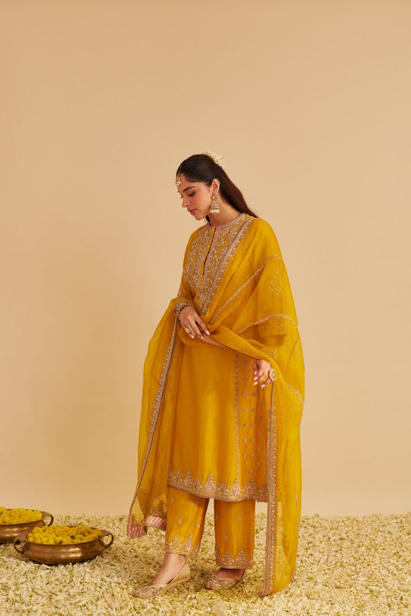 Anaiza - Dabka Zardozi Embroidered Mustard Long Kurta & Palazzo with Dupatta silk by SHEETAL BATRA in mustard color for women in Singapore