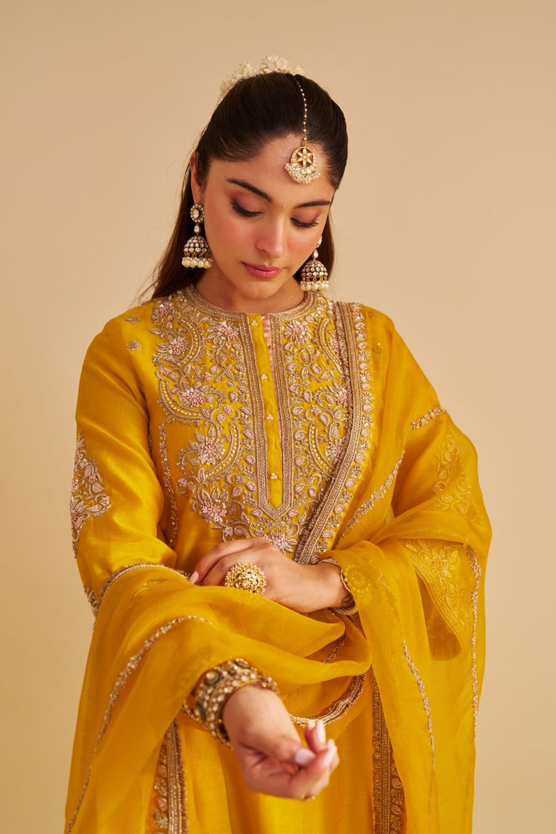 Anaiza - Dabka Zardozi Embroidered Mustard Long Kurta & Palazzo with Dupatta silk by SHEETAL BATRA in mustard color for women in Singapore