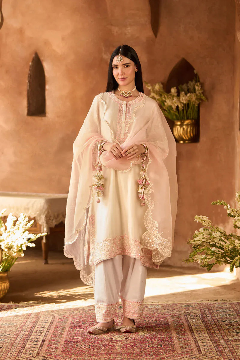 ANAM - DAISY IVORY WITH PINK A-LINE KURTA WITH SALWAR AND DUPATTA silk organza kurta/kurta set by SHEETAL BATRA in daisy ivory with pink for women in Singapore