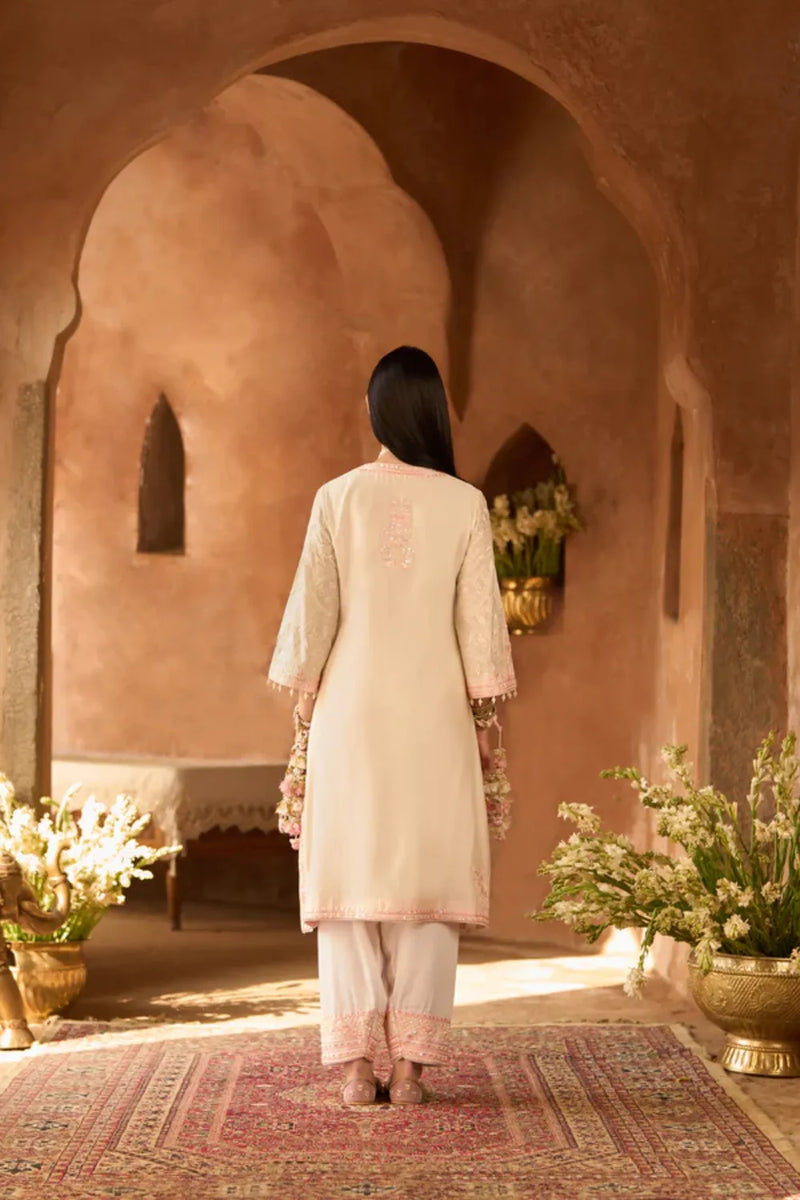 ANAM - DAISY IVORY WITH PINK A-LINE KURTA WITH SALWAR AND DUPATTA silk organza kurta/kurta set by SHEETAL BATRA in daisy ivory with pink for women in Singapore