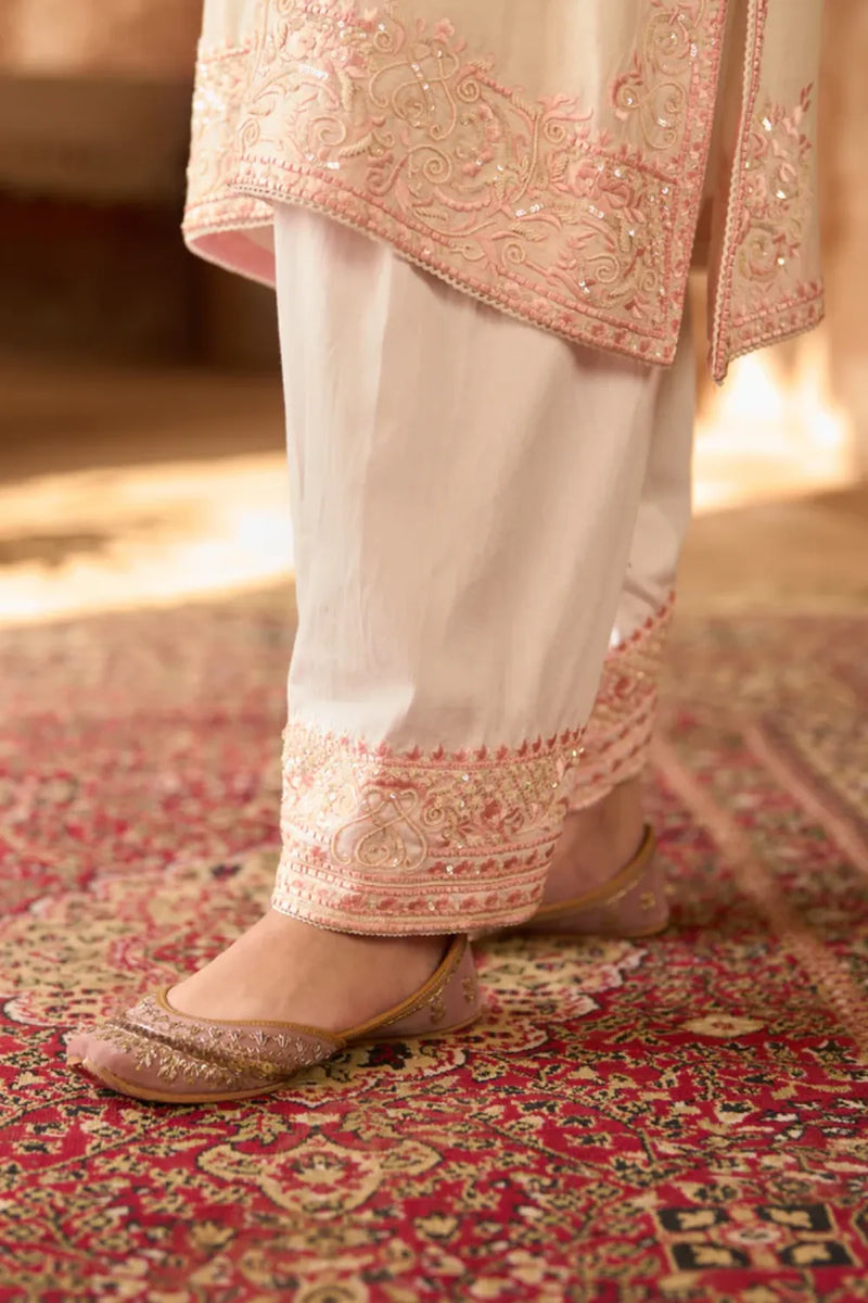ANAM - DAISY IVORY WITH PINK A-LINE KURTA WITH SALWAR AND DUPATTA silk organza kurta/kurta set by SHEETAL BATRA in daisy ivory with pink for women in Singapore