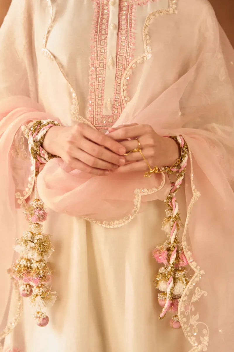 ANAM - DAISY IVORY WITH PINK A-LINE KURTA WITH SALWAR AND DUPATTA silk organza kurta/kurta set by SHEETAL BATRA in daisy ivory with pink for women in Singapore