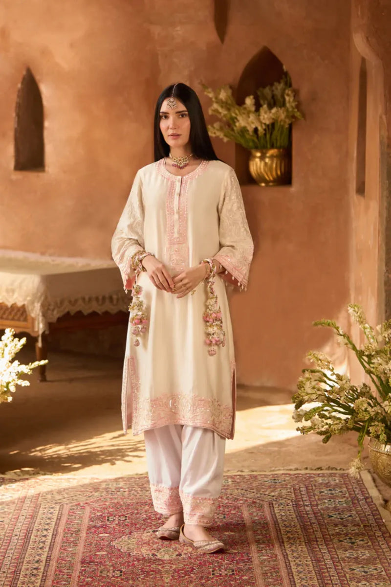 ANAM - DAISY IVORY WITH PINK A-LINE KURTA WITH SALWAR AND DUPATTA silk organza kurta/kurta set by SHEETAL BATRA in daisy ivory with pink for women in Singapore