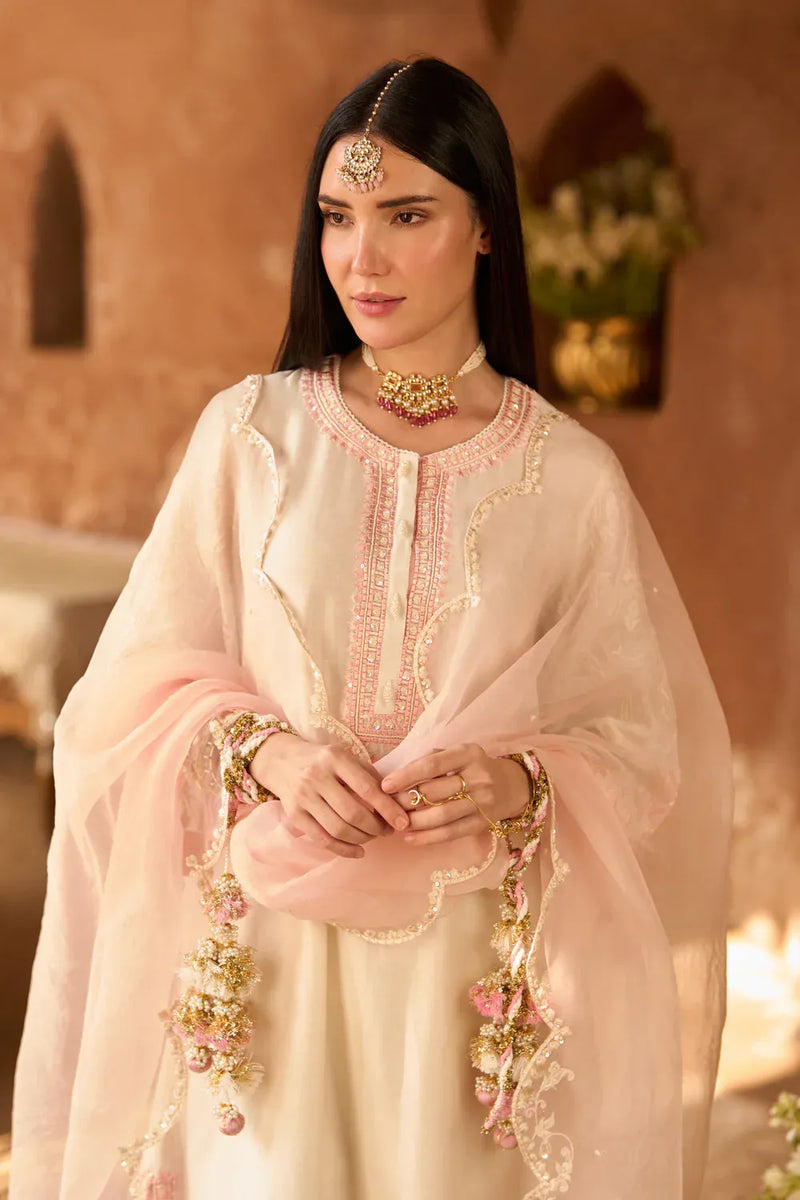 ANAM - DAISY IVORY WITH PINK A-LINE KURTA WITH SALWAR AND DUPATTA silk organza kurta/kurta set by SHEETAL BATRA in daisy ivory with pink for women in Singapore