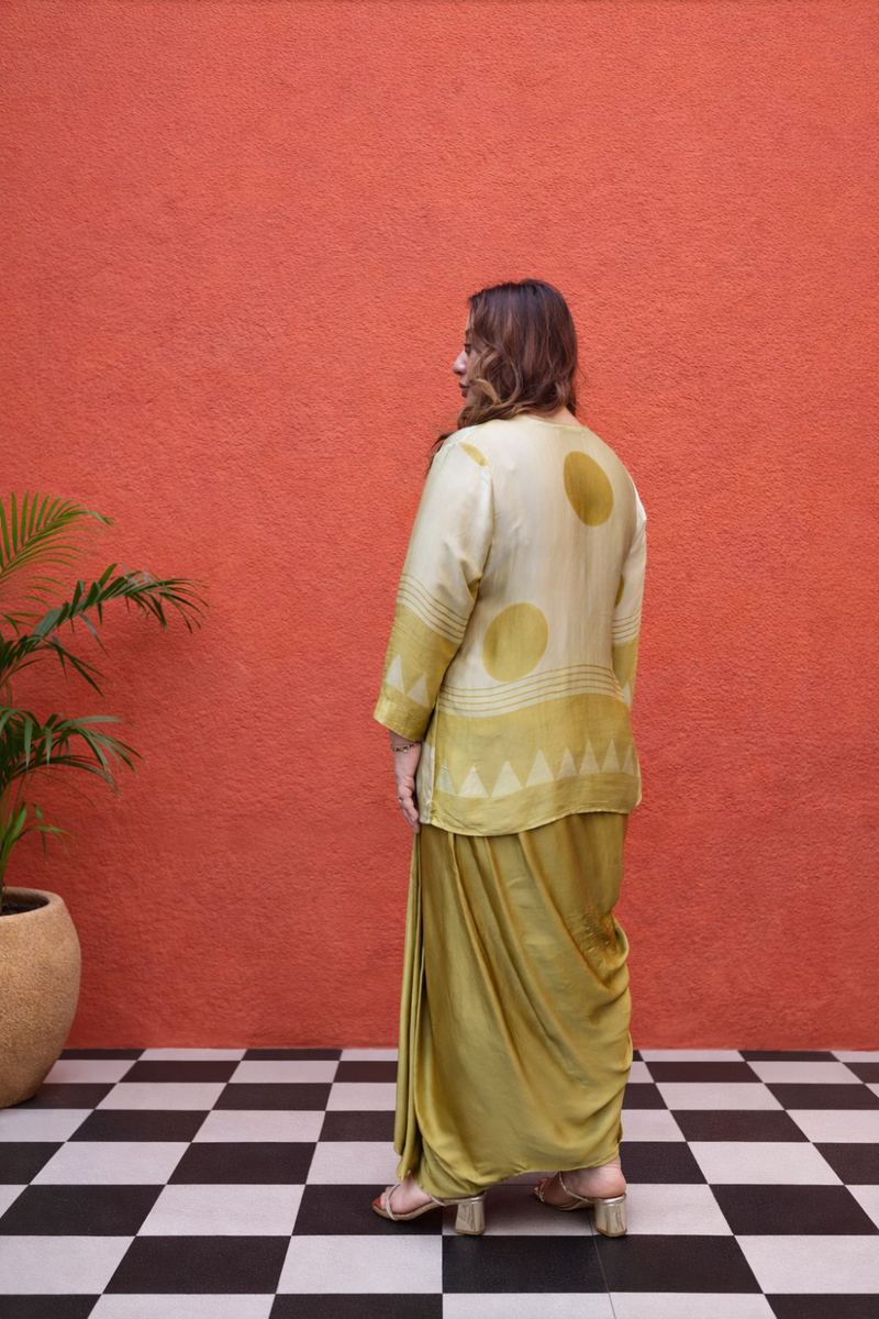 OHSO Organic Mustard Ajrakh Top & Draped Skirt Set