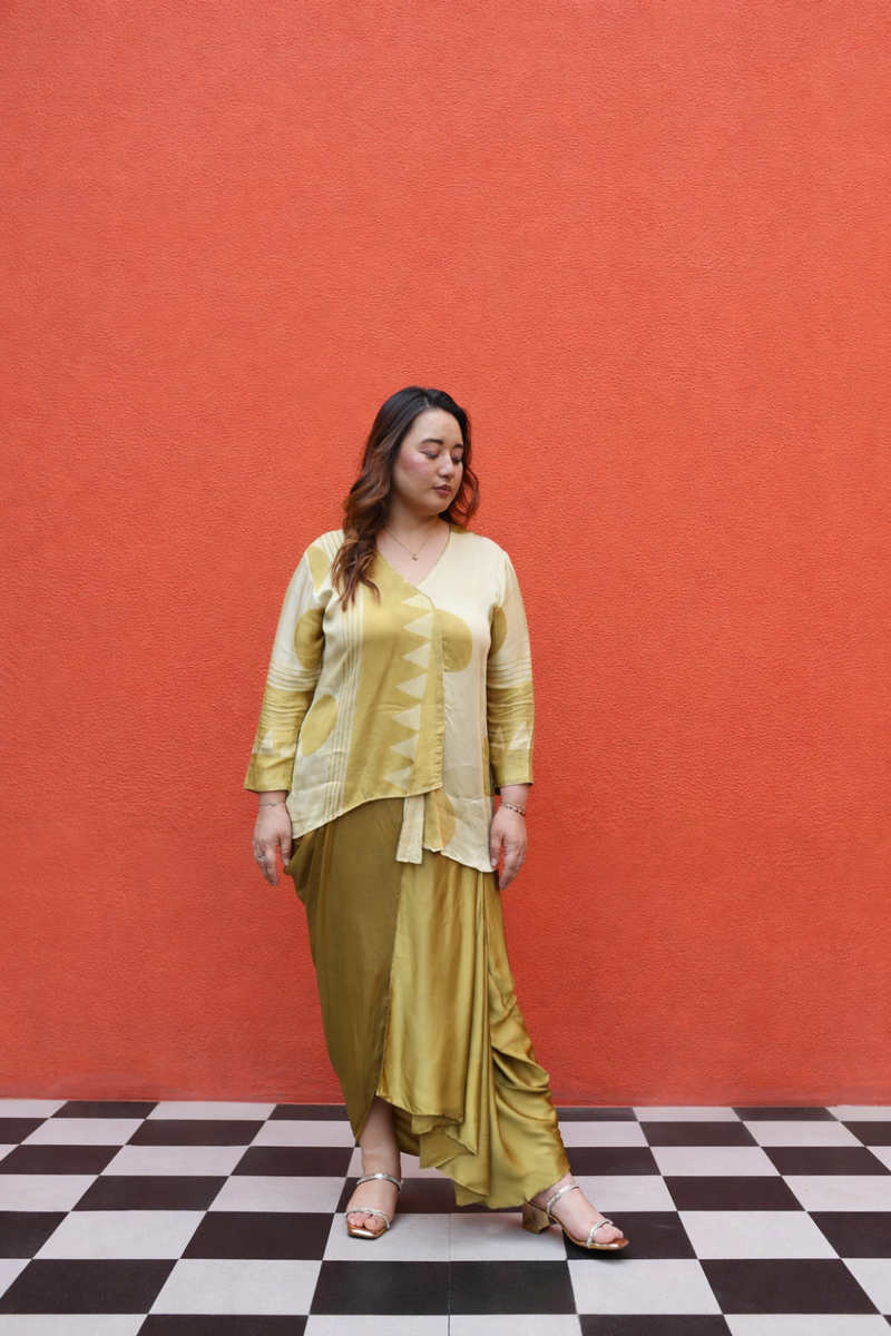 OHSO Organic Mustard Ajrakh Top & Draped Skirt Set