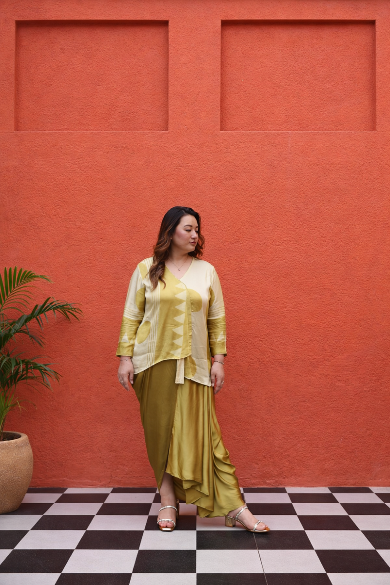 OHSO Organic Mustard Ajrakh Top & Draped Skirt Set