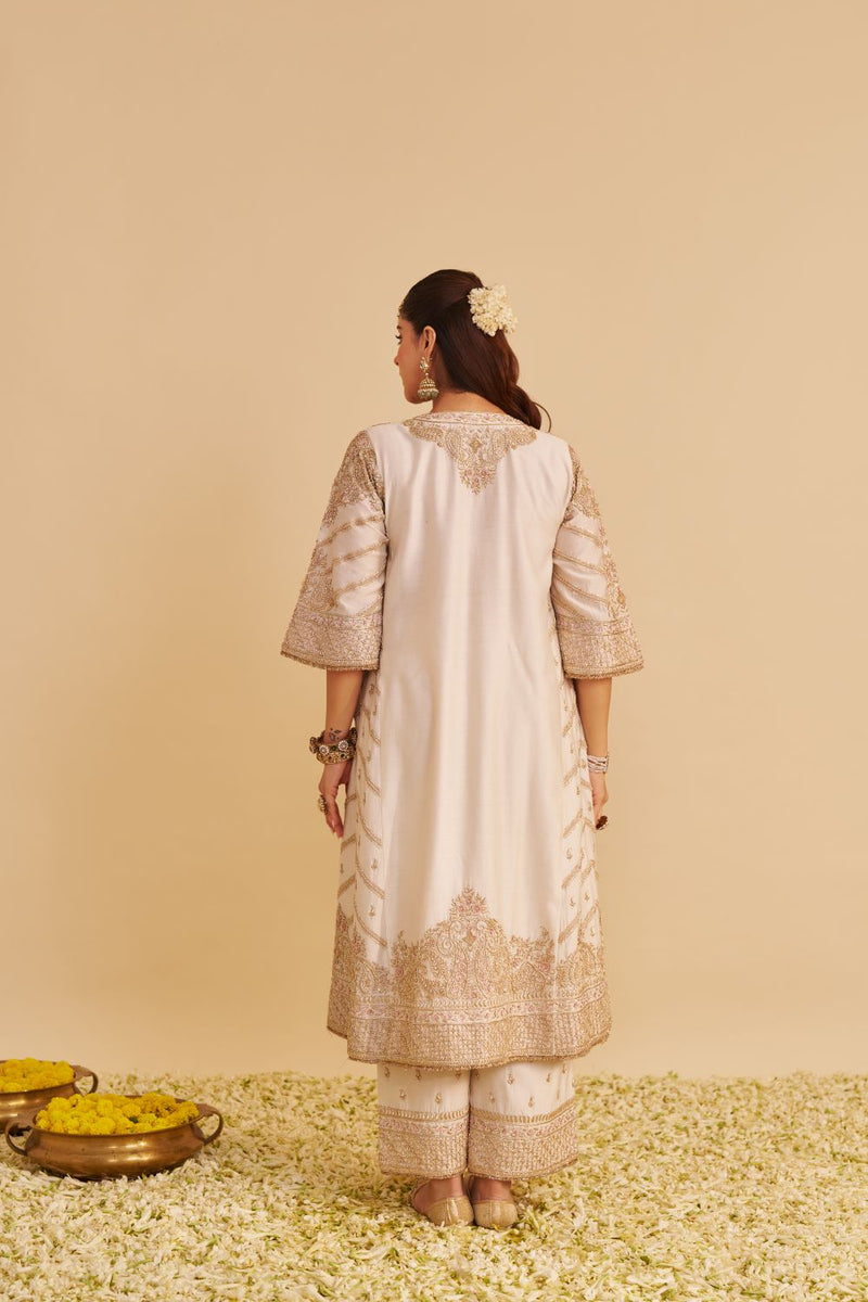 Aqsha - Dabka Zardozi Embroidered Rich Banarasi Daisy Ivory Long Chauga & Palazzo silk by SHEETAL BATRA in ivory color for women in Singapore