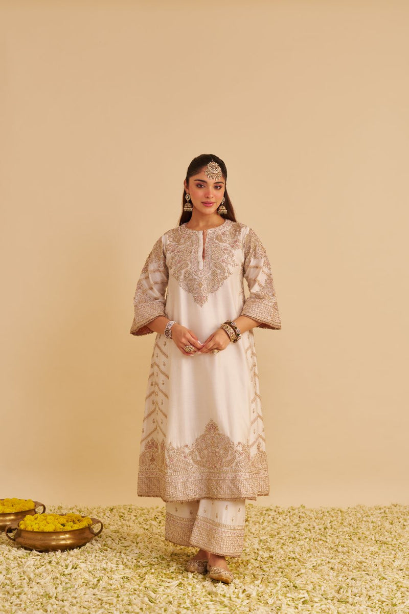Aqsha - Dabka Zardozi Embroidered Rich Banarasi Daisy Ivory Long Chauga & Palazzo silk by SHEETAL BATRA in ivory color for women in Singapore