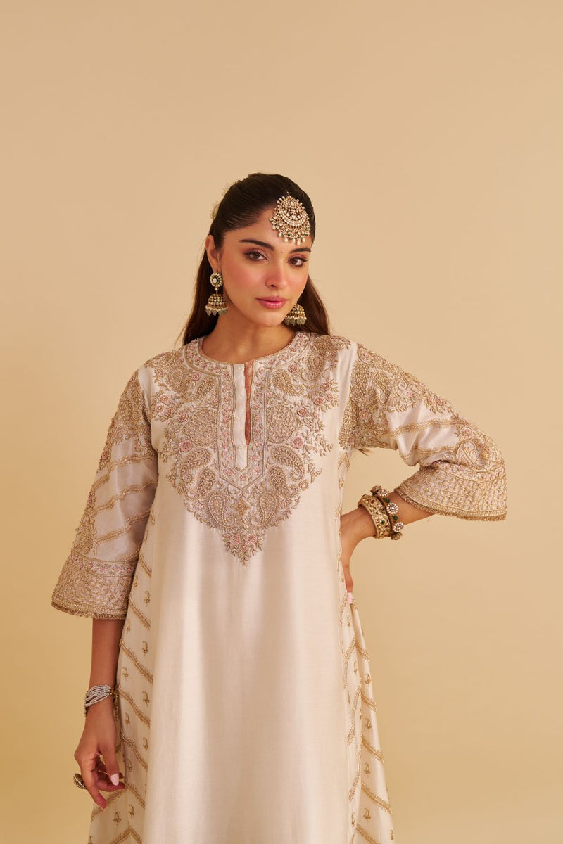 Aqsha - Dabka Zardozi Embroidered Rich Banarasi Daisy Ivory Long Chauga & Palazzo silk by SHEETAL BATRA in ivory color for women in Singapore