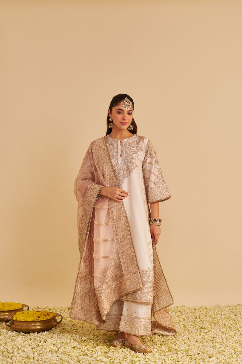 Aqsha - Dabka Zardozi Embroidered Rich Banarasi Daisy Ivory Long Chauga & Palazzo with Dupatta silk by SHEETAL BATRA in ivory color for women in Singapore