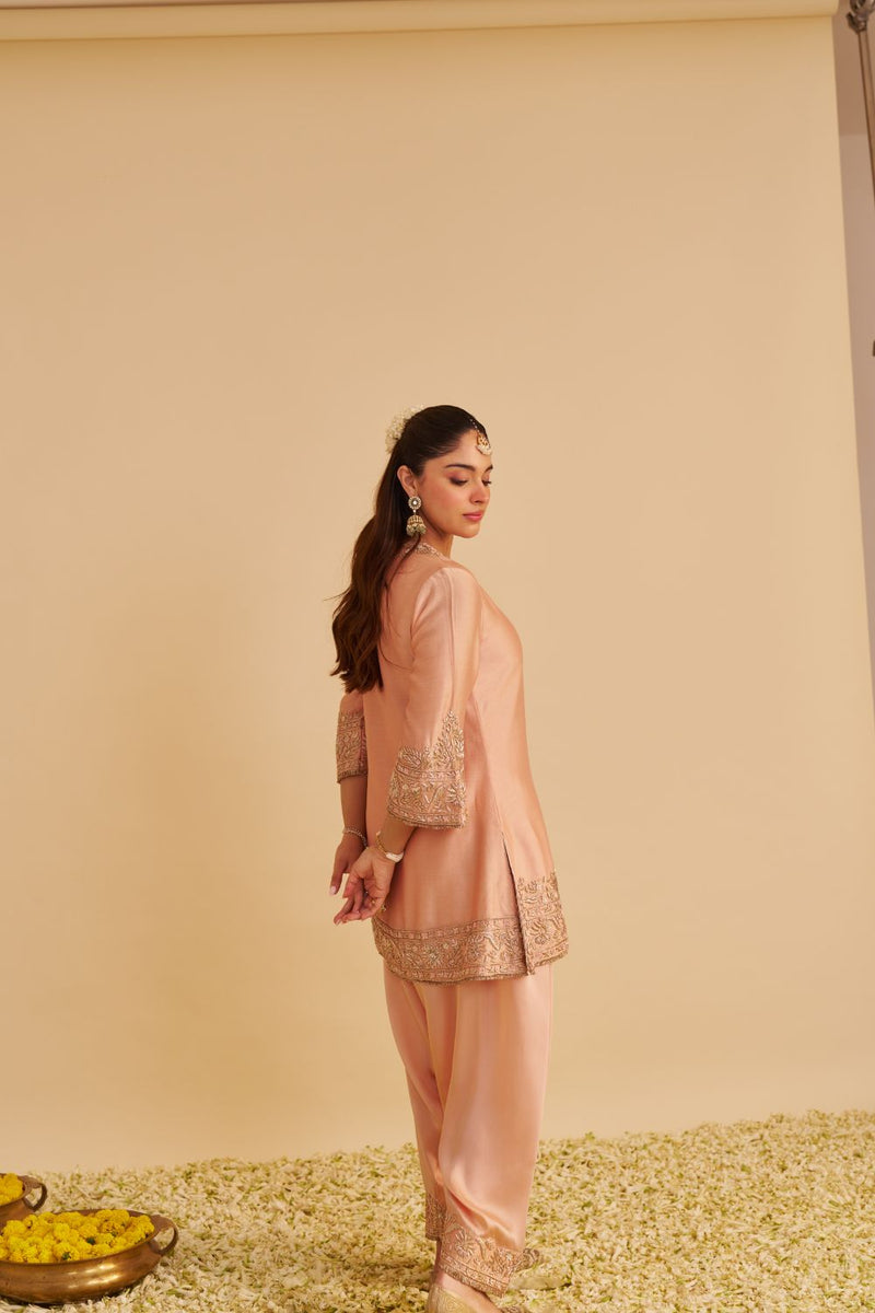 Areeba - Dabka Zardozi Embroidered Pure Banarasi Off Rose Short Kurta & Salwar with Dupatta satin by SHEETAL BATRA for women in Singapore