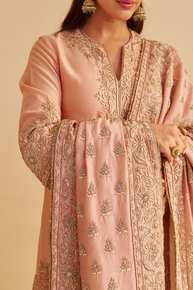 Areeba - Dabka Zardozi Embroidered Pure Banarasi Off Rose Short Kurta & Salwar with Dupatta satin by SHEETAL BATRA for women in Singapore