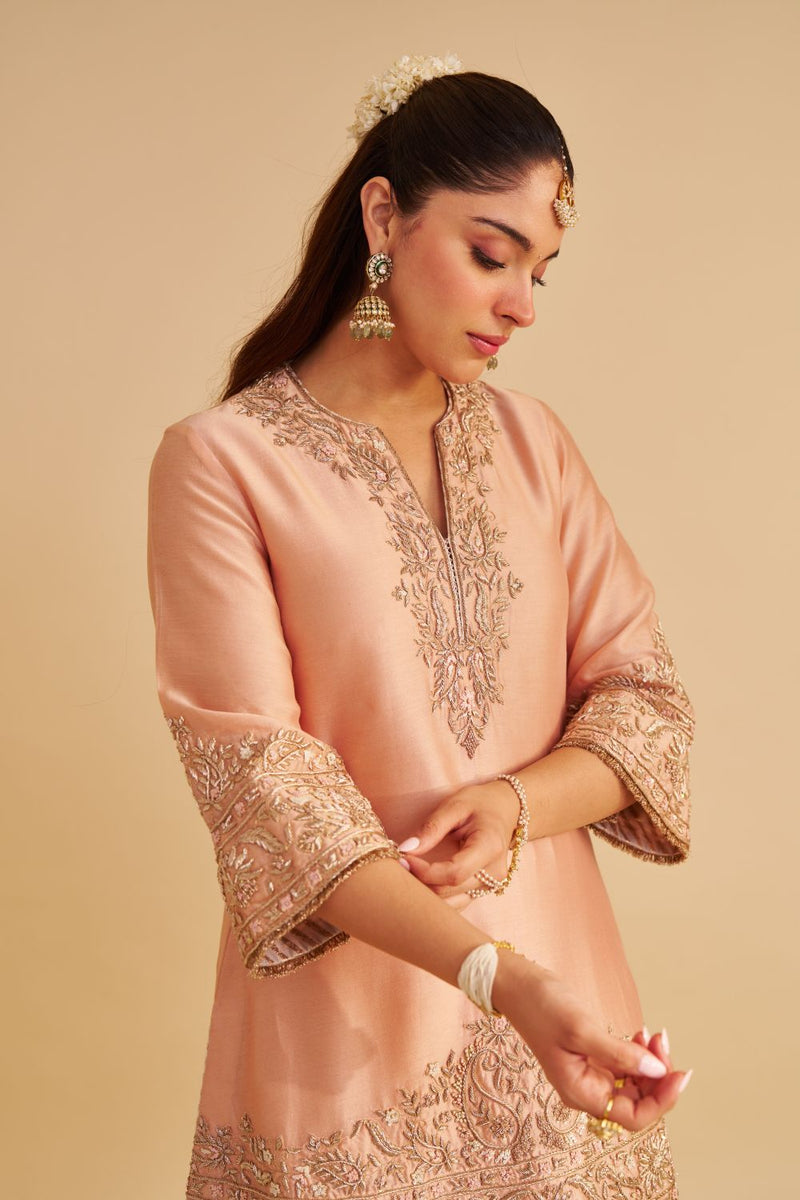 Areeba - Dabka Zardozi Embroidered Pure Banarasi Off Rose Short Kurta & Salwar with Dupatta satin by SHEETAL BATRA for women in Singapore