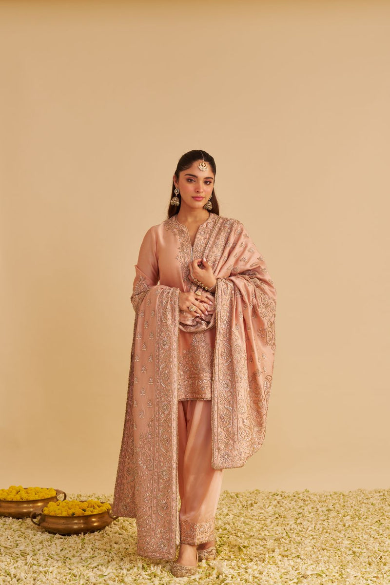 Areeba - Dabka Zardozi Embroidered Pure Banarasi Off Rose Short Kurta & Salwar with Dupatta satin by SHEETAL BATRA for women in Singapore