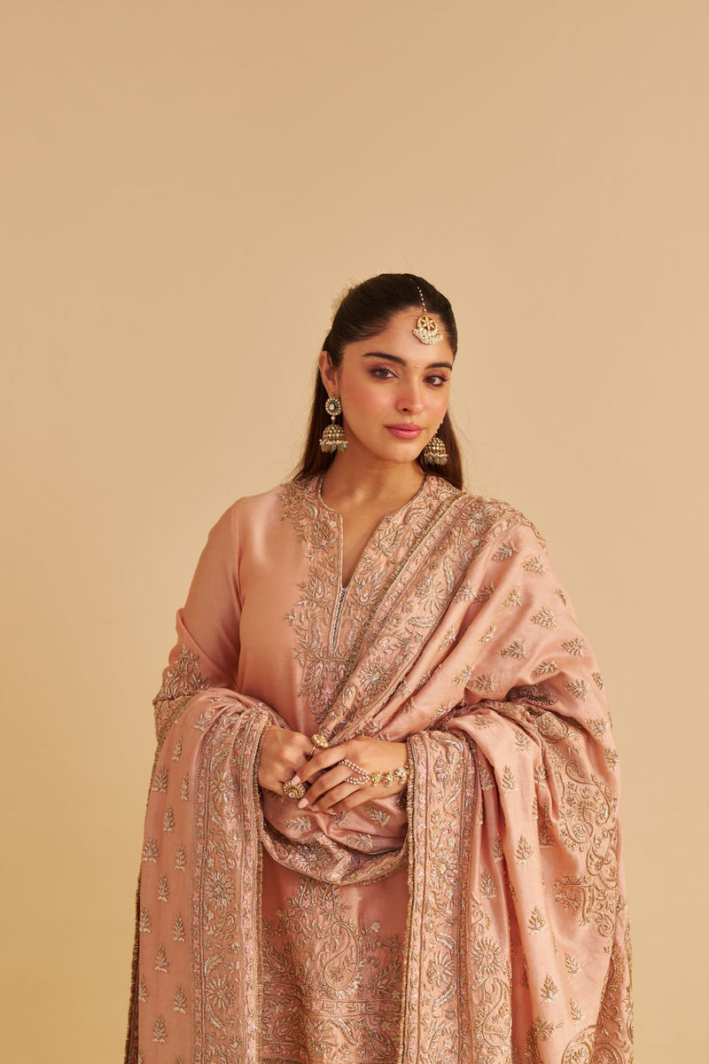 Areeba - Dabka Zardozi Embroidered Pure Banarasi Off Rose Short Kurta & Salwar with Dupatta satin by SHEETAL BATRA for women in Singapore