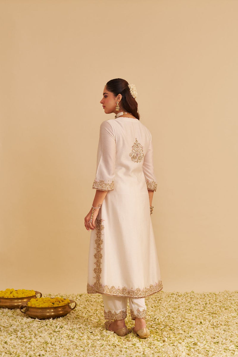 Areefa - Dabka Zardozi Embroidered Rich Banarasi Daisy Ivory Suit & Salwar satin by SHEETAL BATRA in ivory color for women in Singapore