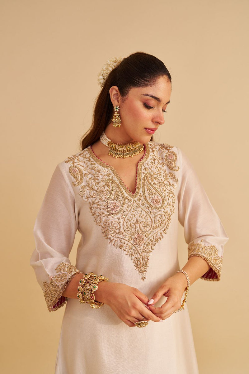 Areefa - Dabka Zardozi Embroidered Rich Banarasi Daisy Ivory Suit & Salwar satin by SHEETAL BATRA in ivory color for women in Singapore