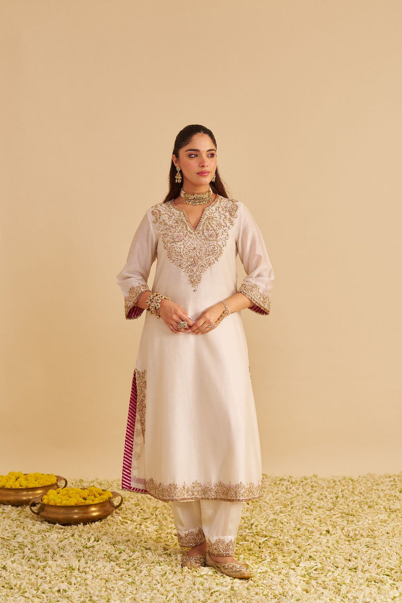 Areefa - Dabka Zardozi Embroidered Rich Banarasi Daisy Ivory Suit & Salwar satin by SHEETAL BATRA in ivory color for women in Singapore