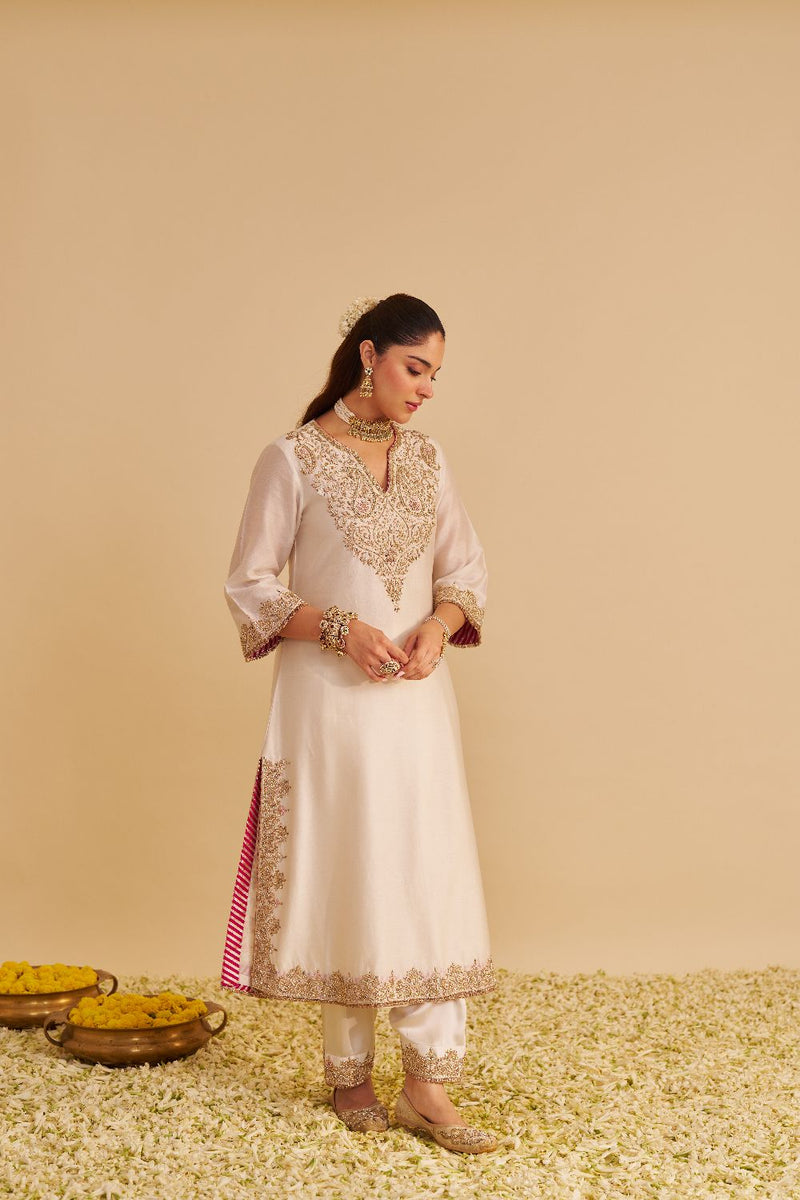Areefa - Dabka Zardozi Embroidered Rich Banarasi Daisy Ivory Suit & Salwar satin by SHEETAL BATRA in ivory color for women in Singapore