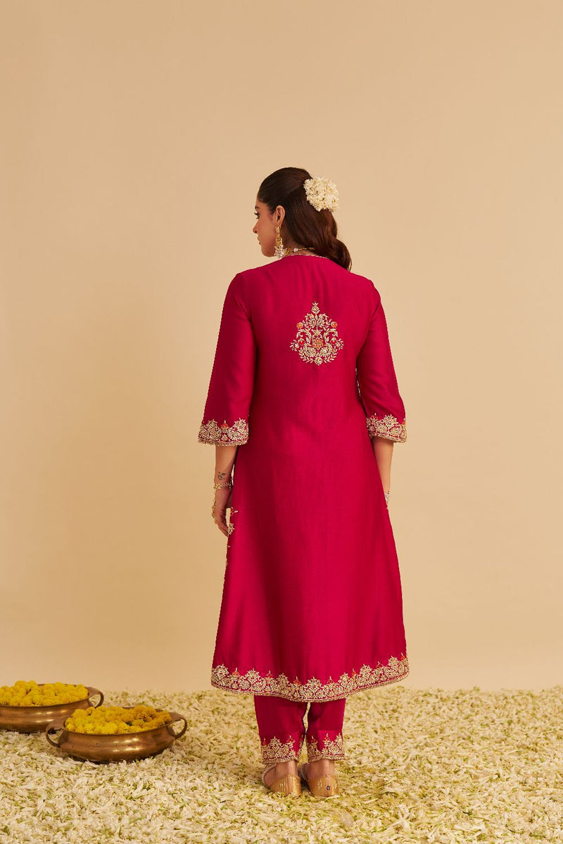Areefa - Dabka Zardozi Embroidered Rich Banarasi Hotpink Suit & Salwar satin by SHEETAL BATRA in pink color for women in Singapore