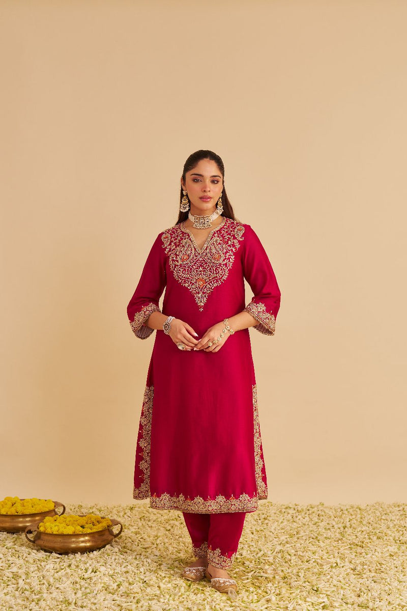 Areefa - Dabka Zardozi Embroidered Rich Banarasi Hotpink Suit & Salwar satin by SHEETAL BATRA in pink color for women in Singapore
